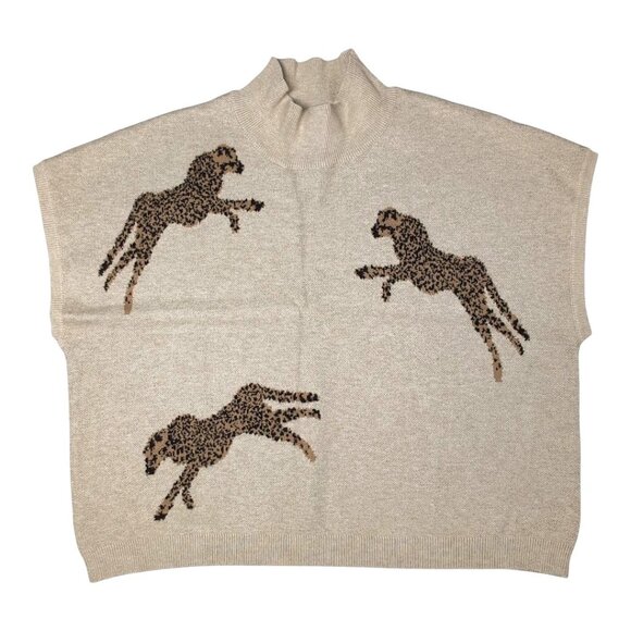 Entro Cheetah Short Sleeve Sweater Mock Neck Womens Medium Leopard Animal Knit - Picture 1 of 6